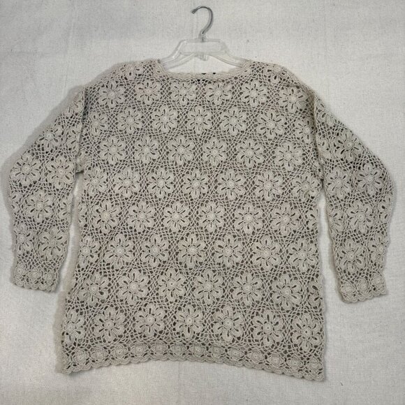 Yarnworks White & Gray Floral Crochet Long Sleeve Sweater Pullover Top L - Picture 3 of 11